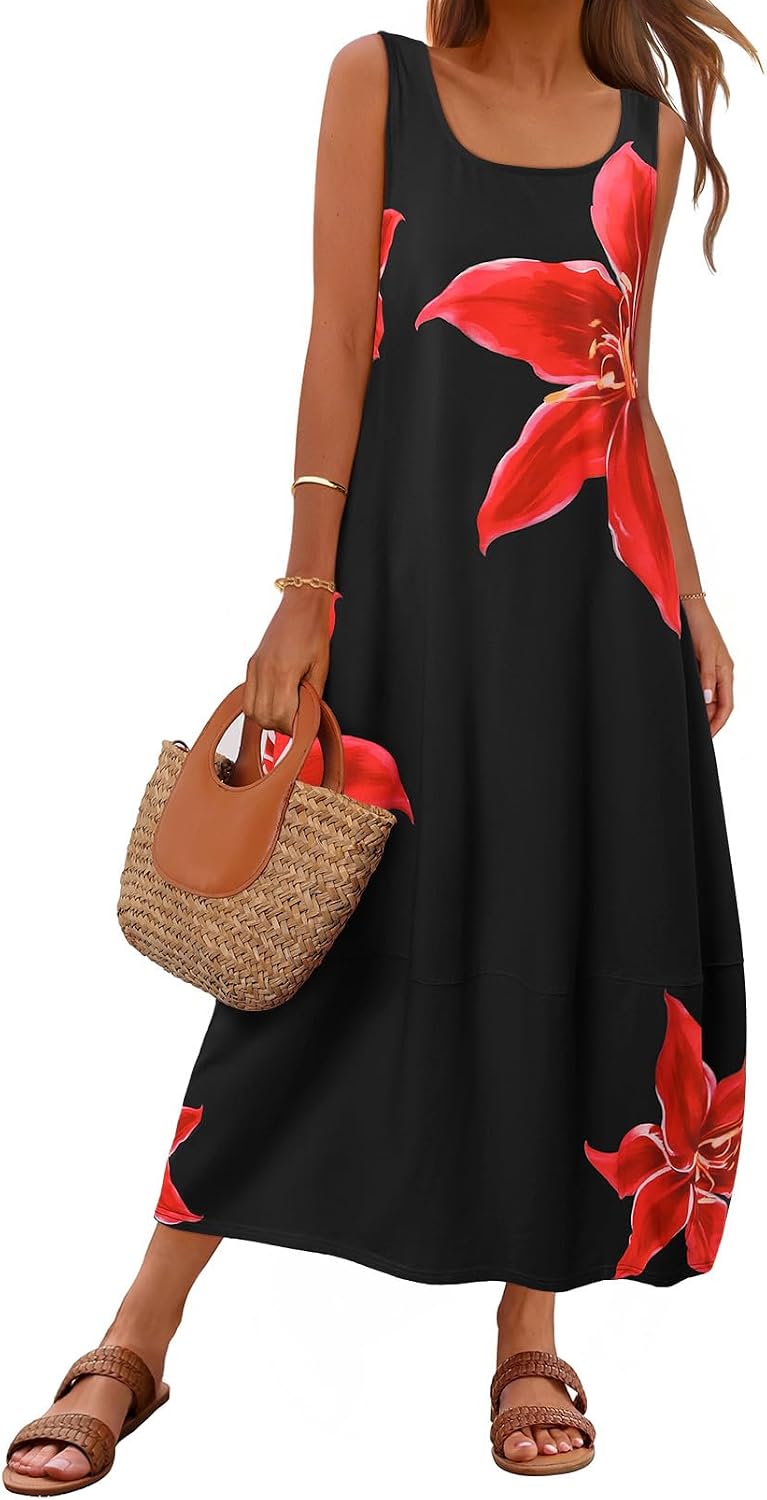 MEROKEETY Women's Summer Sleeveless Maxi Dress Beach Sundress | Casual Scoop Neck Tank Dress, Cotton, Boho Vacation, Loose Fit, Side Pockets, A-Line, Floral Long Dress, Spring Outfits