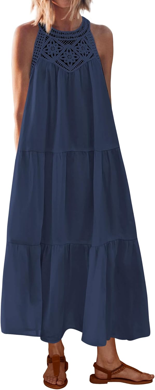 BTFBM Halter Dresses for Women Boho Maxi Sundresses | Hollow Out Sleeveless Tiered Summer Dress With Pocket, Button Keyhole Back, Loose Casual Beach Vacation Clothes, Spring 2026