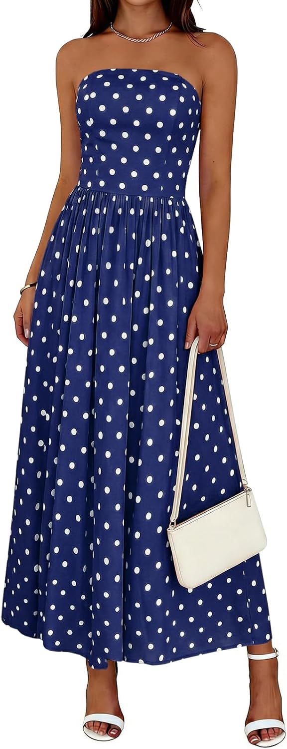 Wenrine Womens Strapless Maxi Dress Summer Polka Dot Long Tube Dresses | Polkadot, Tube Top, Sleeveless, A Line, Flowy, Fit and Flare, Beach, Vacation