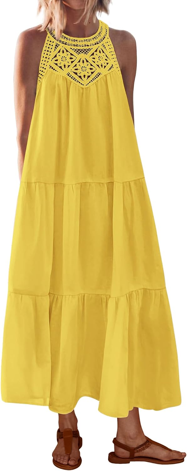 BTFBM Halter Dresses for Women Boho Maxi Sundresses | Hollow Out Sleeveless Tiered Summer Dress With Pocket, Button Keyhole Back, Loose Casual Beach Vacation Clothes, Spring 2026