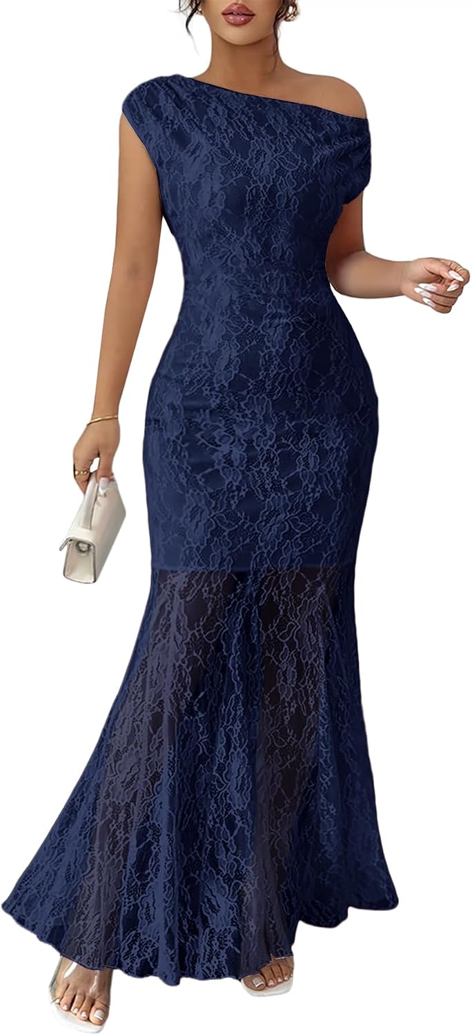 MITILLY Formal Wedding Guest Dress for Women Off Shoulder Evening Gown | One Shoulder, Sleeveless, Lace Floral Mesh, Ruched, Lined, Mermaid Hem, for Wedding, Cocktail, Prom, Bridal Shower
