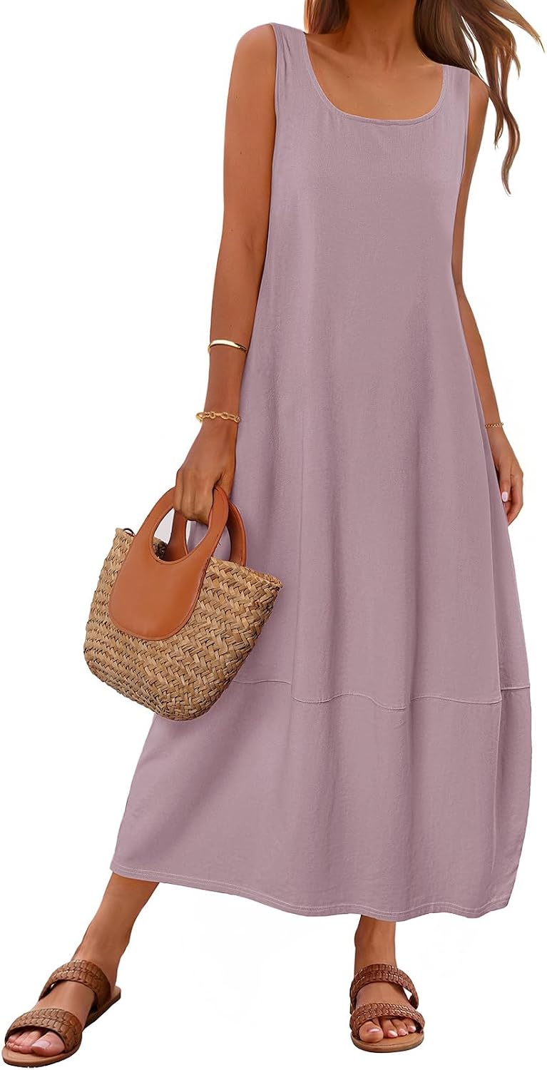 MEROKEETY Women's Summer Sleeveless Maxi Dress Beach Sundress | Casual Scoop Neck Tank Dress, Cotton, Boho Vacation, Loose Fit, Side Pockets, A-Line, Floral Long Dress, Spring Outfits