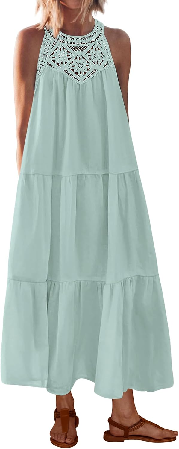 BTFBM Halter Dresses for Women Boho Maxi Sundresses | Hollow Out Sleeveless Tiered Summer Dress With Pocket, Button Keyhole Back, Loose Casual Beach Vacation Clothes, Spring 2026