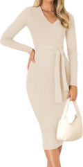 ZESICA Women's 2026 Fall Long Sleeve Bodycon Midi Sweater Dress | Winter Dresses, V Neck, Slimming, Ribbed Knit, Tie Waist, Classy, Holiday, Maternity, Elegant Wedding Guest Formal Dress