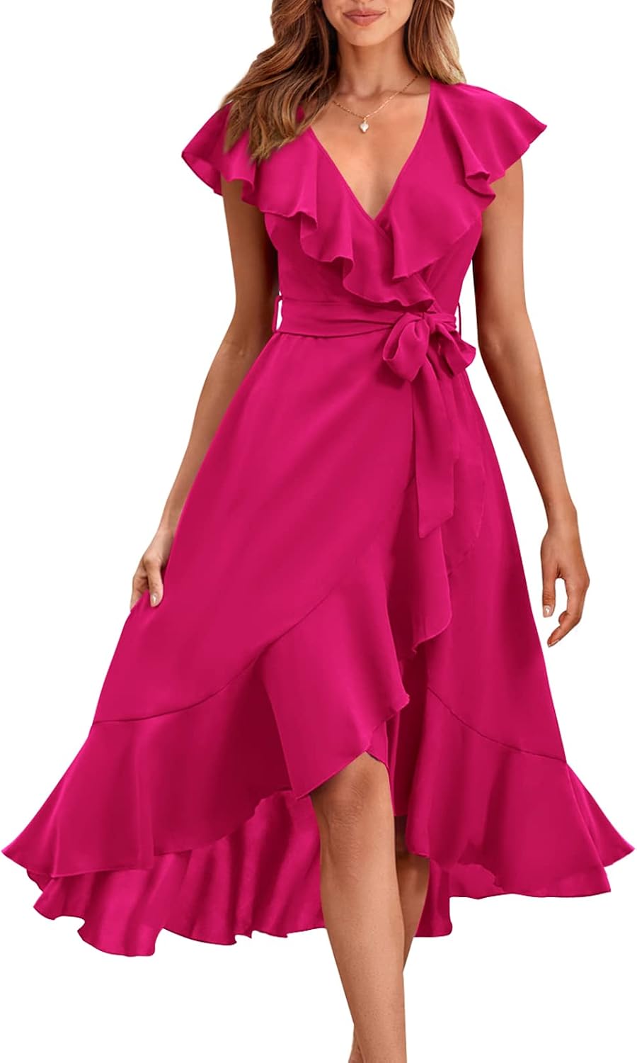 RETTYGARDEN Women's 2026 Summer Cross Midi Dress Casual Boho Deep V Neck Short Sleeve Ruffle Hem Split Beach Long Dresses