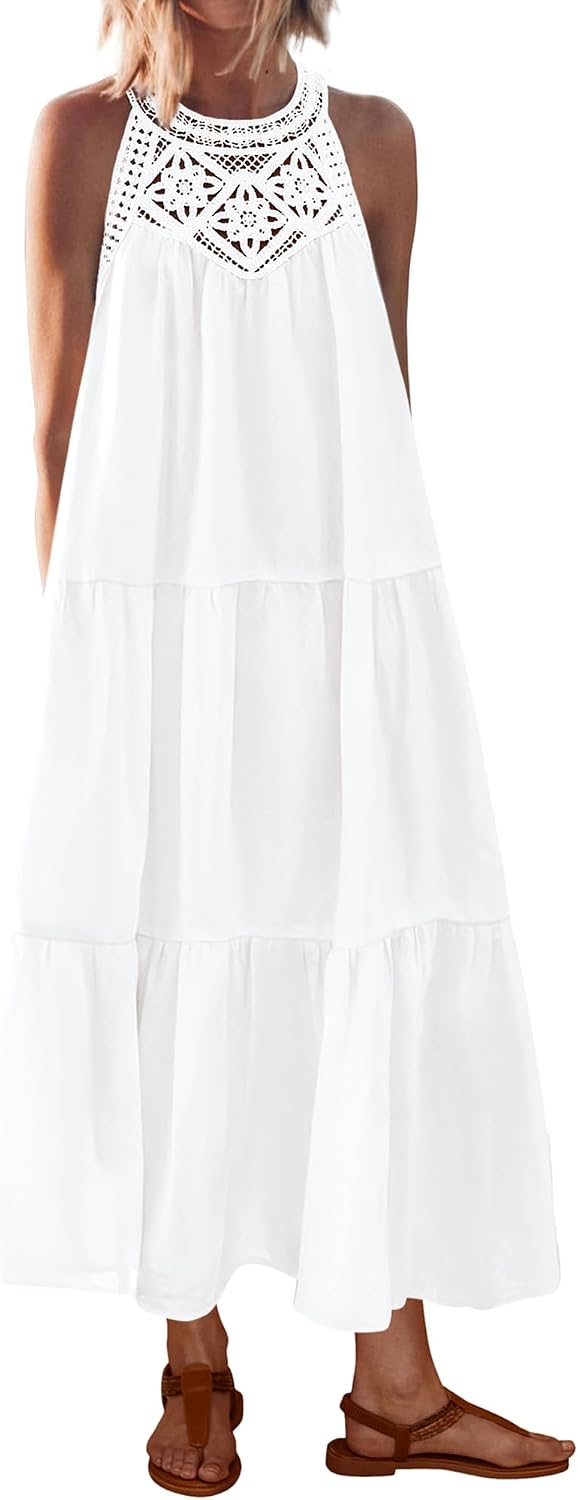 BTFBM Halter Dresses for Women Boho Maxi Sundresses | Hollow Out Sleeveless Tiered Summer Dress With Pocket, Button Keyhole Back, Loose Casual Beach Vacation Clothes, Spring 2026