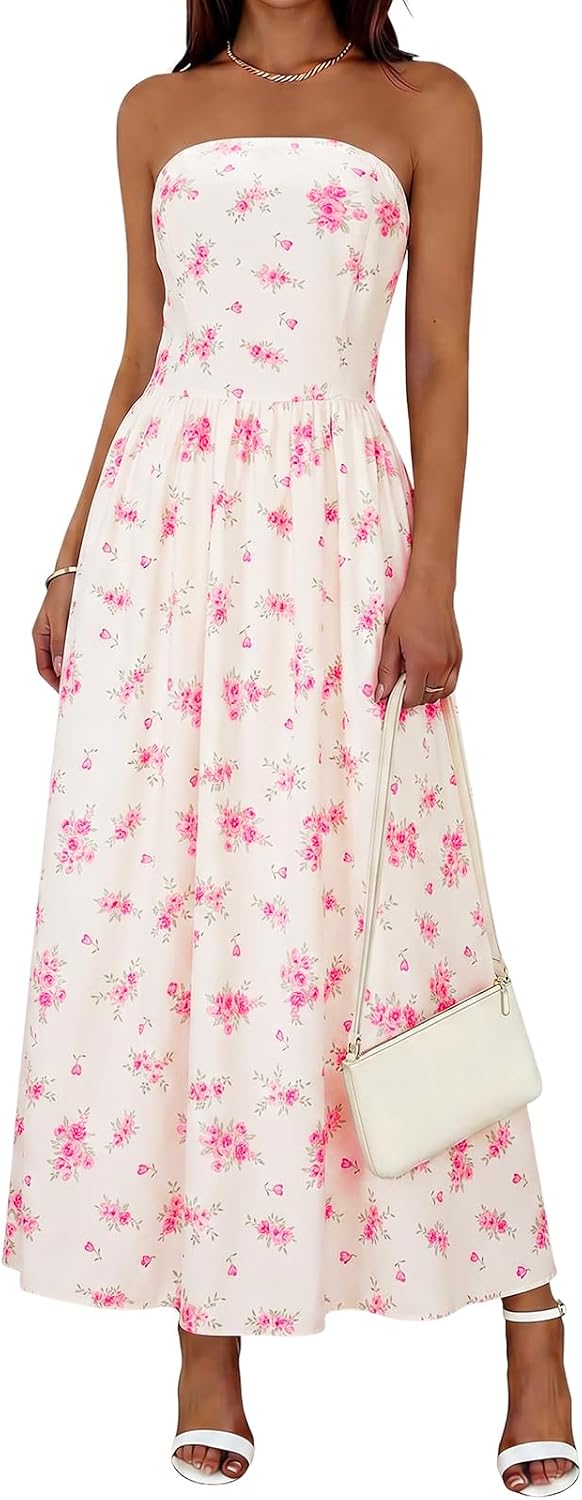 Wenrine Womens Strapless Maxi Dress Summer Polka Dot Long Tube Dresses | Polkadot, Tube Top, Sleeveless, A Line, Flowy, Fit and Flare, Beach, Vacation