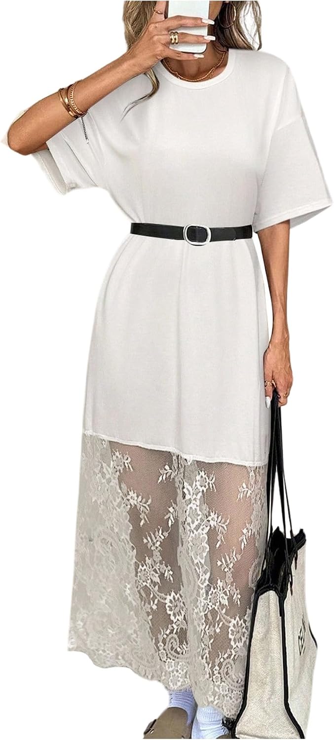 GORGLITTER Women's Lace Maxi Dress Boho Short Sleeve Concert Tshirt Dresses | Oversized Casual Lace Overlay Dress, Birthday Festival Vacation Cocktail, Going Out Outfits
