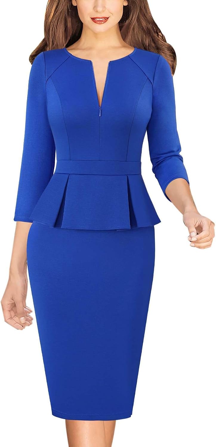 VFSHOW Womens Work Business Office Front Zipper Peplum Church Sheath Dress | 3\/4 Sleeves, Elegant, Spring Fall, Church, Funeral, Slimming Fitted Bodycon Dresses