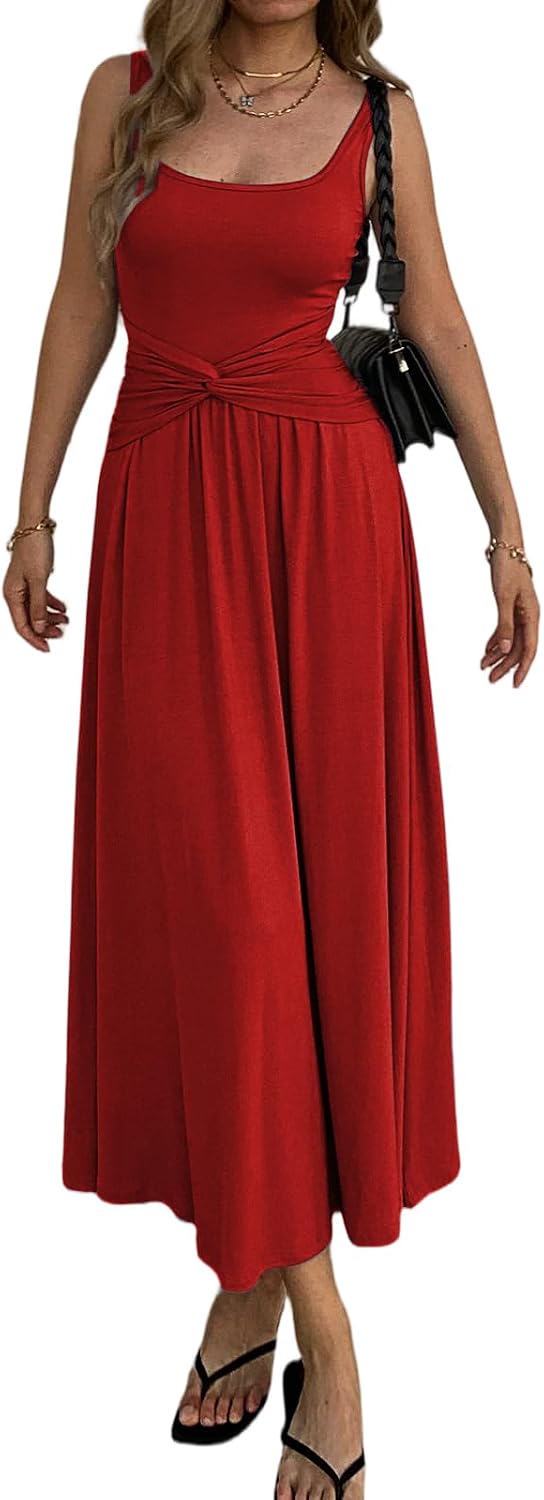 Mieazom Women's Summer Mock Knot Front Maxi Dress Sleeveless Square Neck Corset Ruched Waist Emipre Flowly Casual Dresses