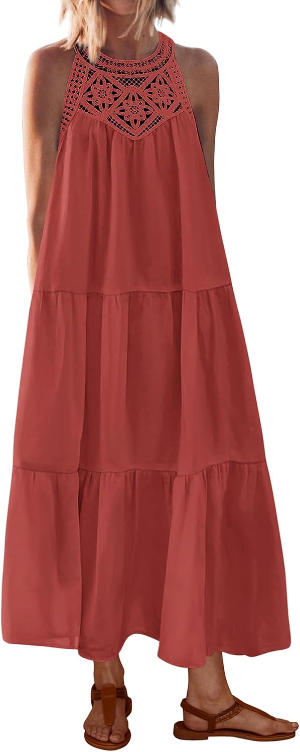 BTFBM Halter Dresses for Women Boho Maxi Sundresses | Hollow Out Sleeveless Tiered Summer Dress With Pocket, Button Keyhole Back, Loose Casual Beach Vacation Clothes, Spring 2026