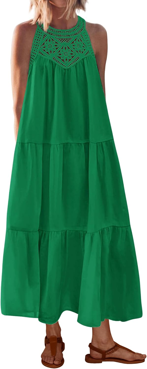 BTFBM Halter Dresses for Women Boho Maxi Sundresses | Hollow Out Sleeveless Tiered Summer Dress With Pocket, Button Keyhole Back, Loose Casual Beach Vacation Clothes, Spring 2026