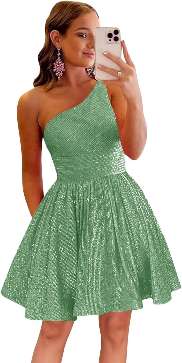MstinGcc One Shoulder Sequin Sparkly Short Homecoming Dress for Teens 2026 | Glitter HOCO Dresses for Womens A-Line Prom Cocktail Party Dress Backless Sleeveless Corset Mini Gowns