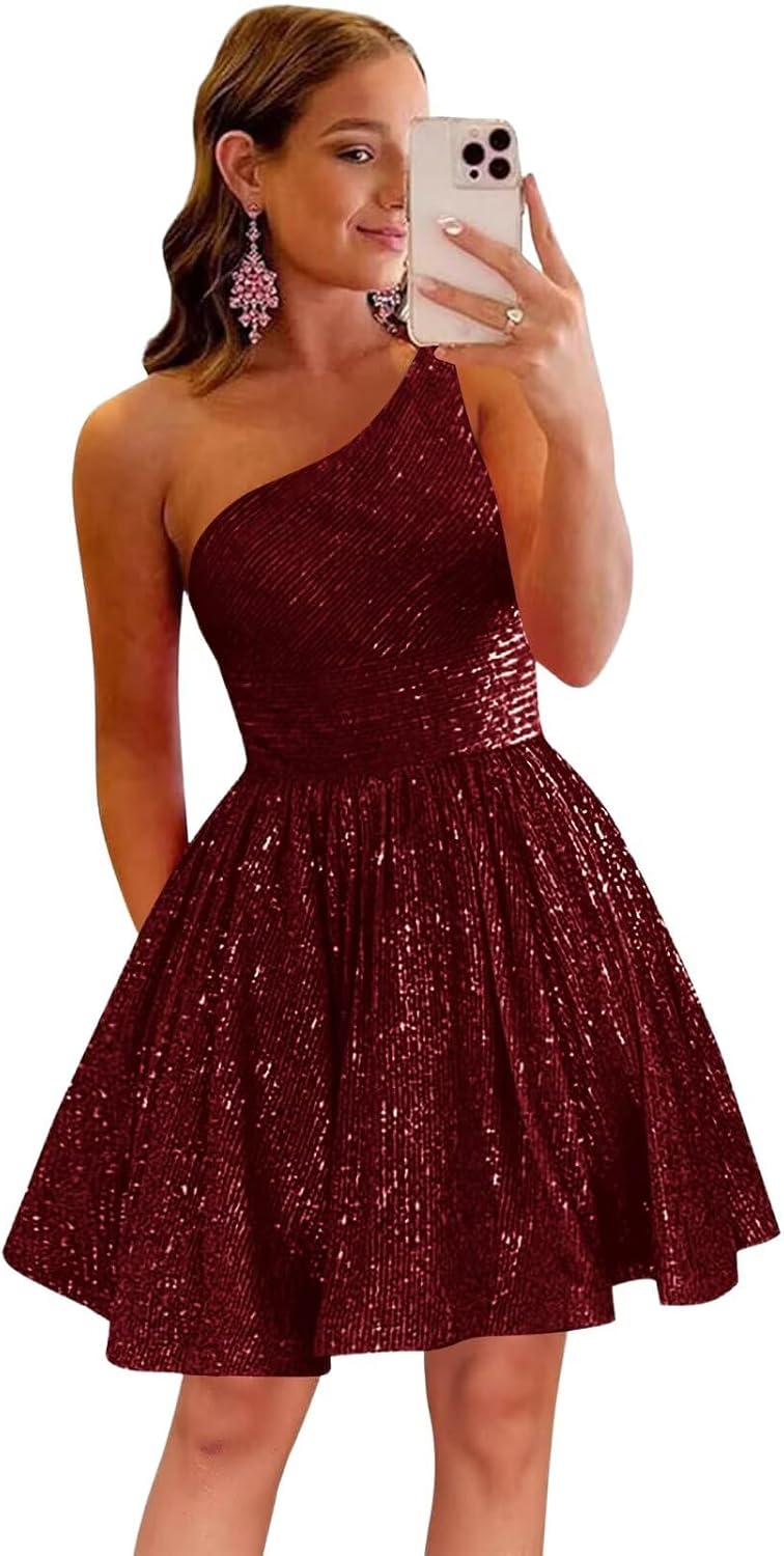 MstinGcc One Shoulder Sequin Sparkly Short Homecoming Dress for Teens 2026 | Glitter HOCO Dresses for Womens A-Line Prom Cocktail Party Dress Backless Sleeveless Corset Mini Gowns