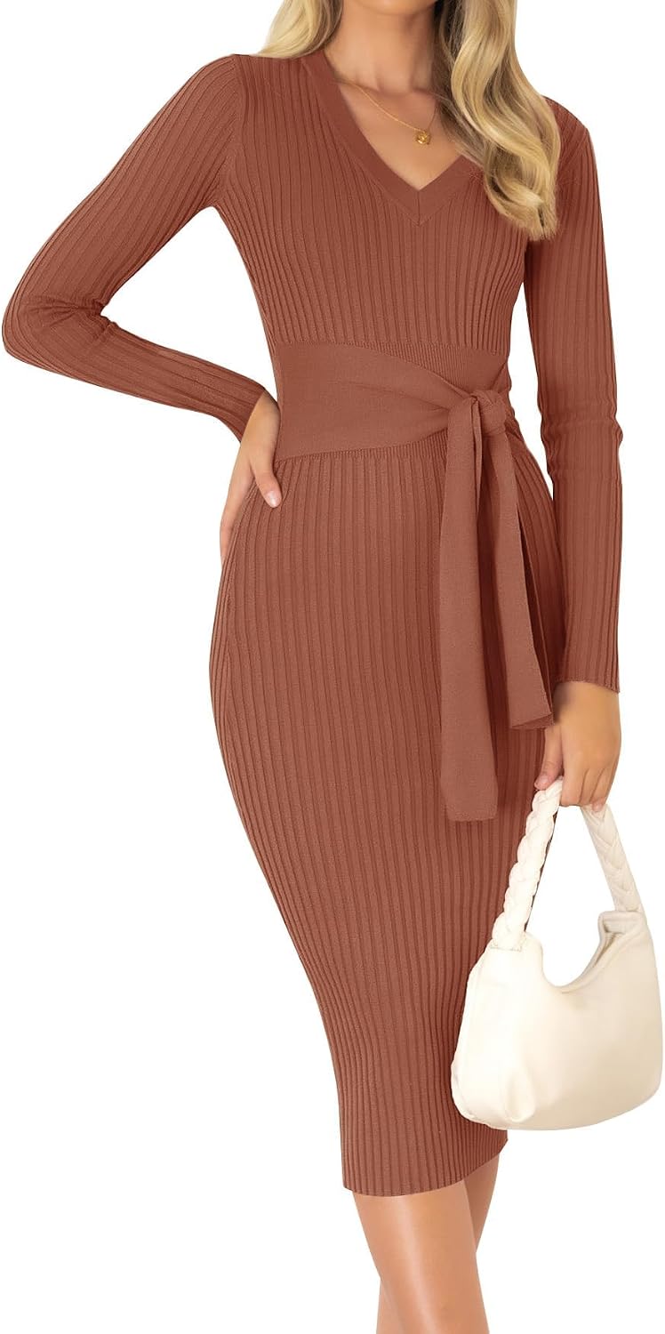 ZESICA Women's 2026 Fall Long Sleeve Bodycon Midi Sweater Dress | Winter Dresses, V Neck, Slimming, Ribbed Knit, Tie Waist, Classy, Holiday, Maternity, Elegant Wedding Guest Formal Dress