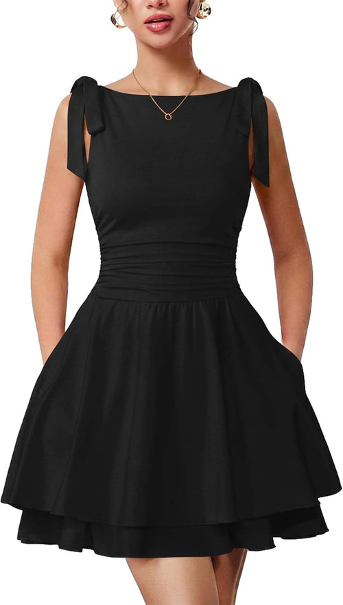 Aprilake Women's Sleeveless Boat Neck Mini Party Homecoming Dress | Pockets,Bow Tie,Corset Ruched Waist,Flowy Tiered Ruffle Hem,Slim,Casual,Birthday,Vacation,Graduation,Night out,Cute Clothes