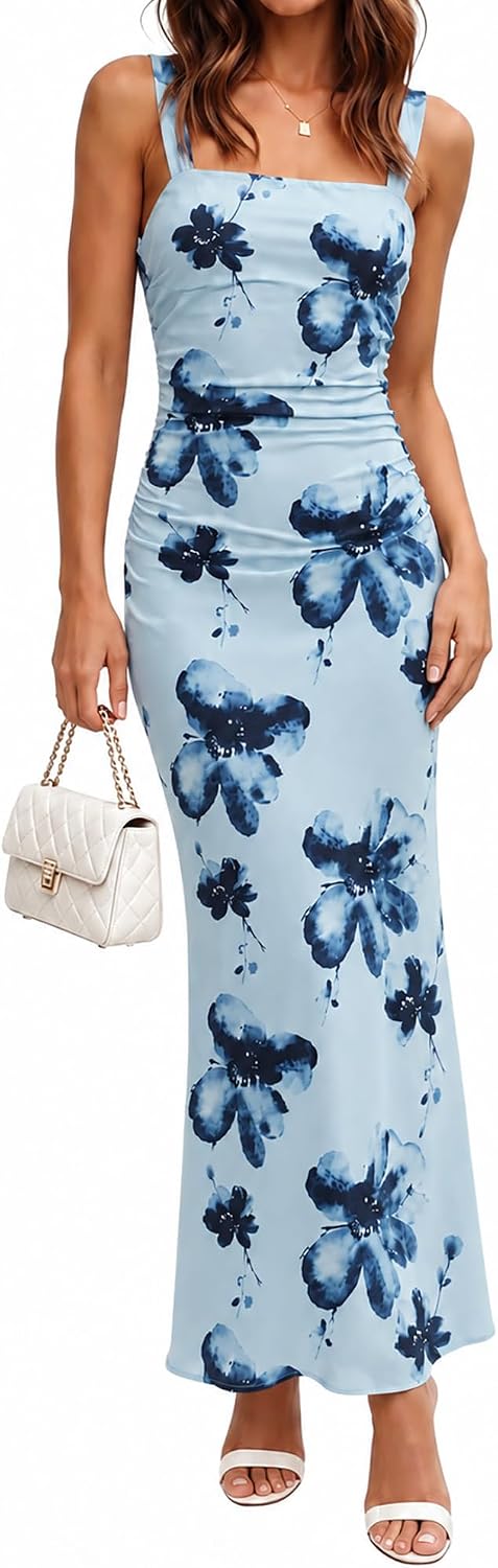 PeoKia Women's Elegant Mesh Ruched Floral Maxi Wedding Guest Dress | Square Neck,Stretch,Bodycon,Fishtail,Tank Strap,Fitted,Bridal Shower,Baby Shower,Cocktail,Party,Dinner,Vacation,Long Dress