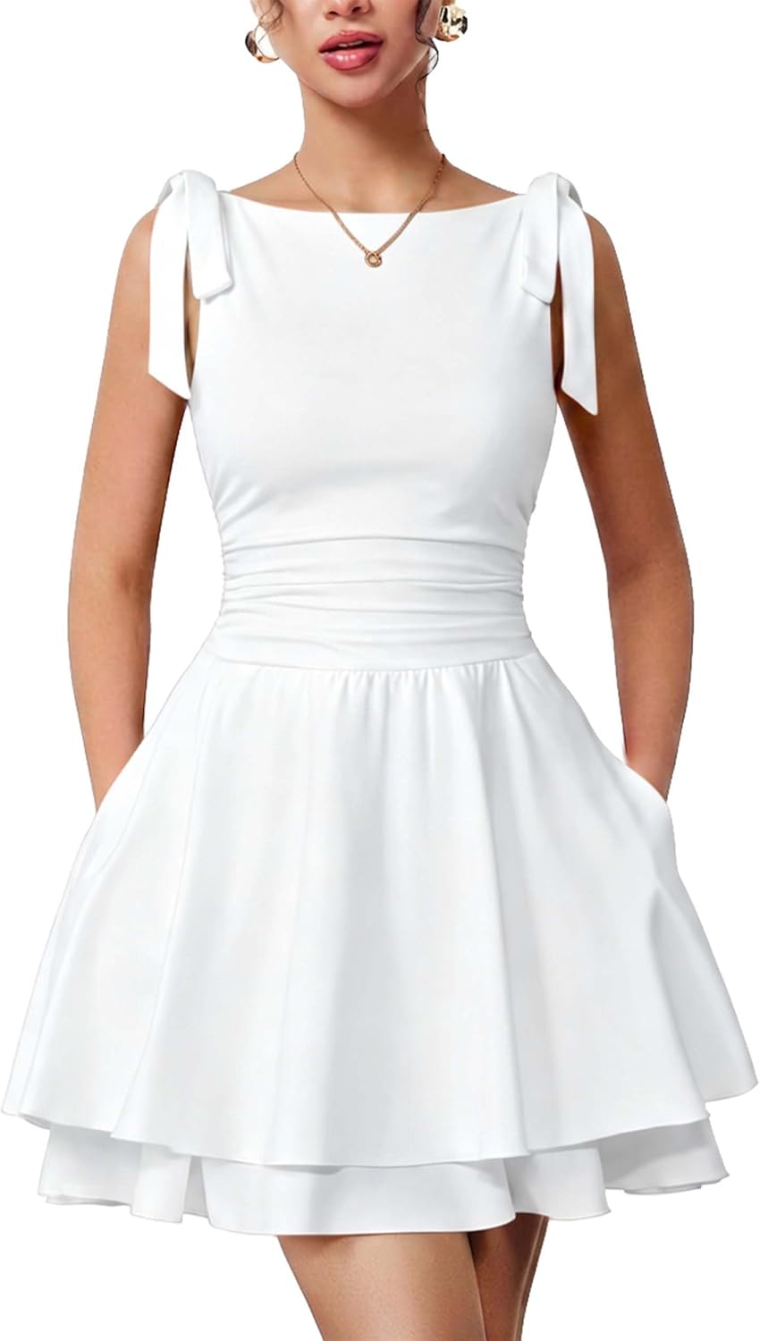 Aprilake Women's Sleeveless Boat Neck Mini Party Homecoming Dress | Pockets,Bow Tie,Corset Ruched Waist,Flowy Tiered Ruffle Hem,Slim,Casual,Birthday,Vacation,Graduation,Night out,Cute Clothes