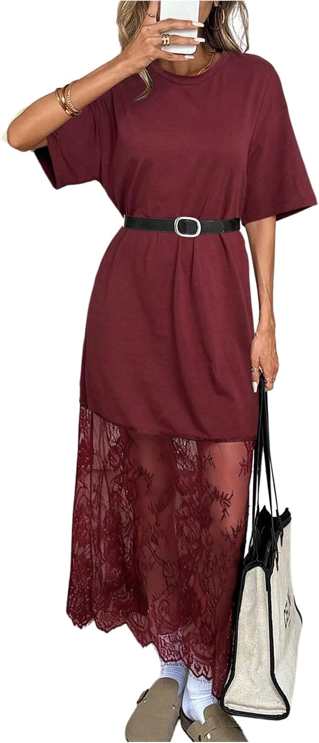 GORGLITTER Women's Lace Maxi Dress Boho Short Sleeve Concert Tshirt Dresses | Oversized Casual Lace Overlay Dress, Birthday Festival Vacation Cocktail, Going Out Outfits
