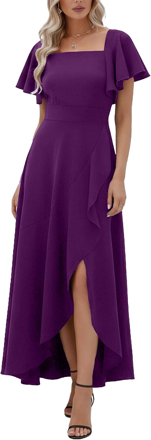 LightlyKiss Women's Square Neck Backless Midi Dress High Slit Wedding Guest Dress Formal Cocktail Party Dress