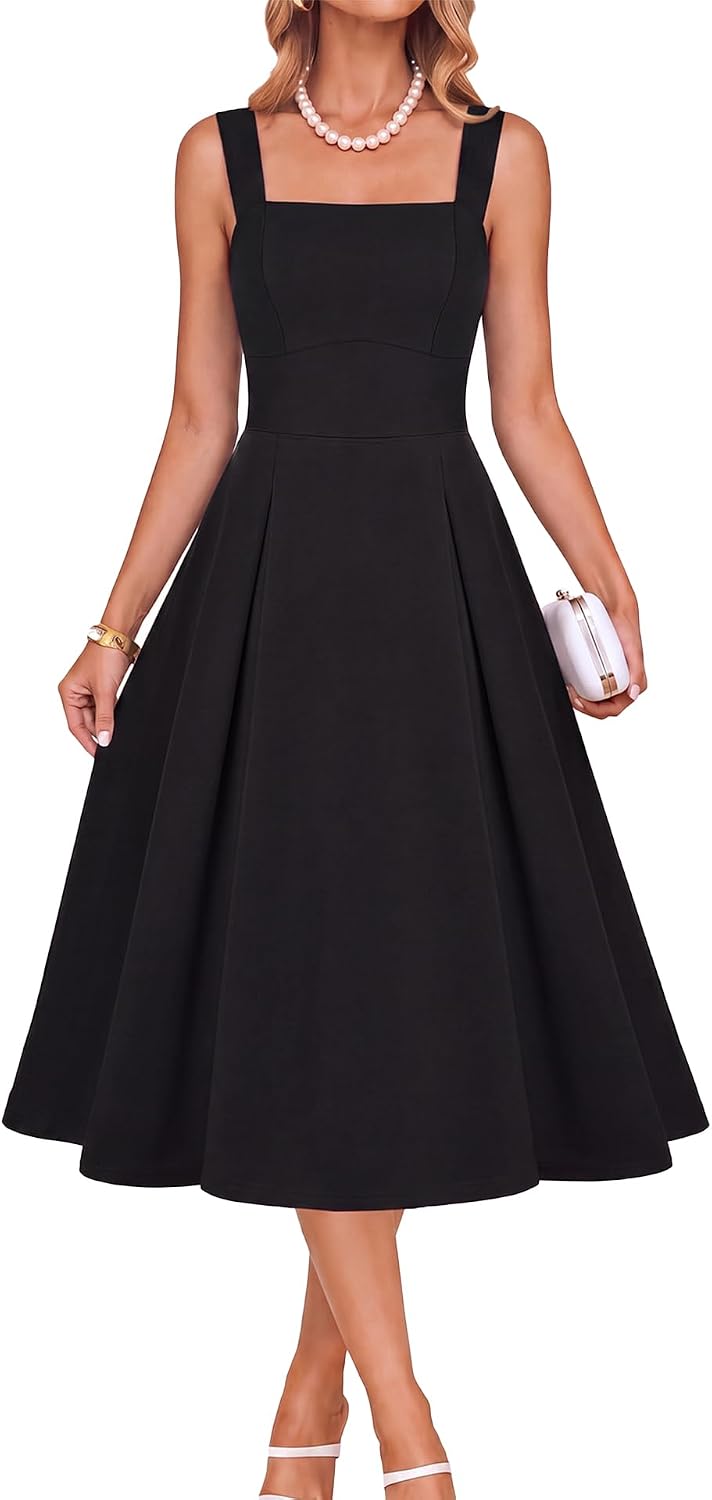 Belle Poque Womens Midi Dress Square Neck Wedding Guest Dresses | A Line, Pockets, Pleated, Fit and Flare, Semi Formal Elegant Dress for Cocktail, Party, Birthday, Date Night, Holiday