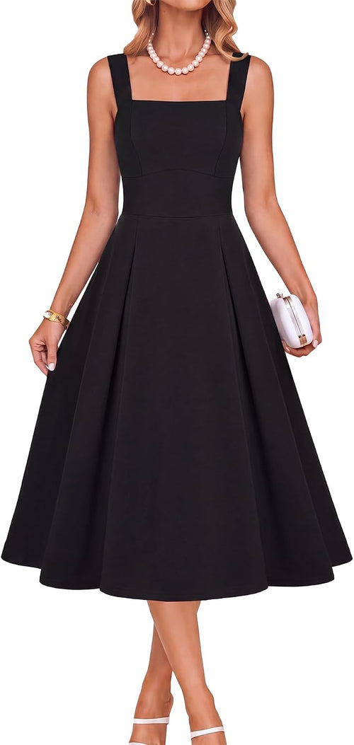 Belle Poque Womens Midi Dress Square Neck Wedding Guest Dresses | A Line, Pockets, Pleated, Fit and Flare, Semi Formal Elegant Dress for Cocktail, Party, Birthday, Date Night, Holiday