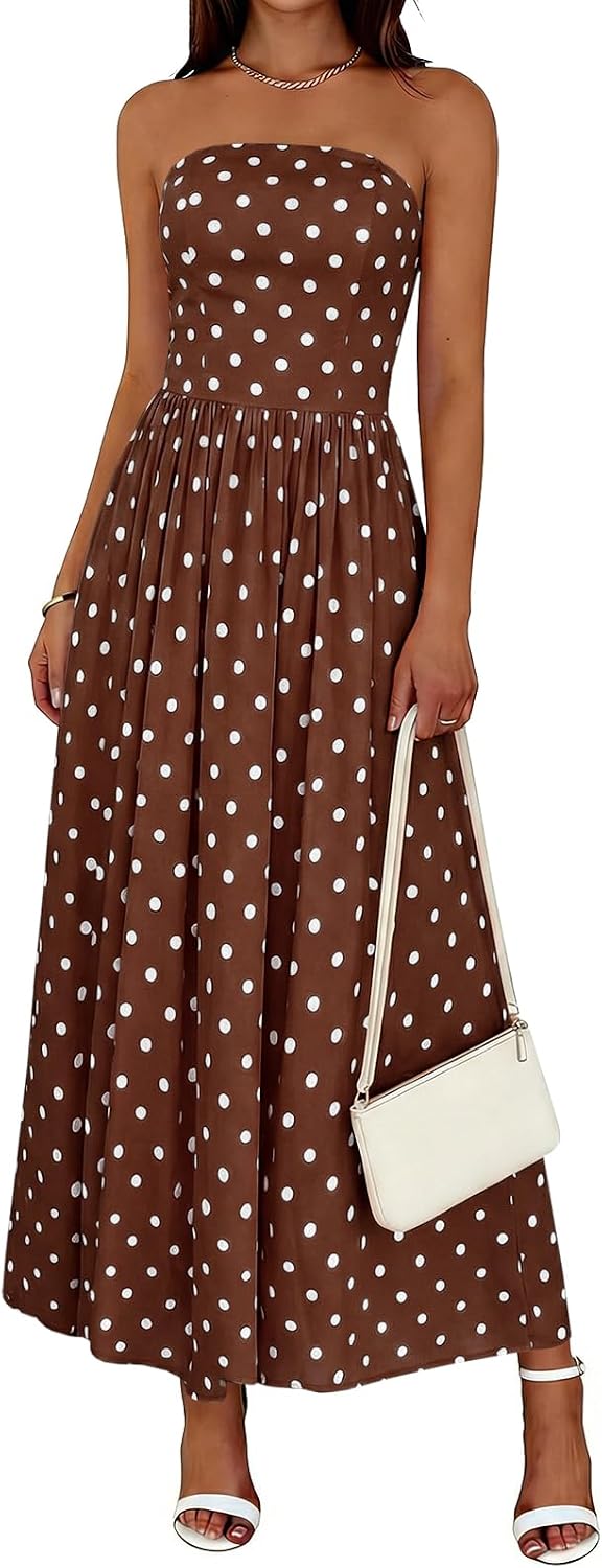 Wenrine Womens Strapless Maxi Dress Summer Polka Dot Long Tube Dresses | Polkadot, Tube Top, Sleeveless, A Line, Flowy, Fit and Flare, Beach, Vacation
