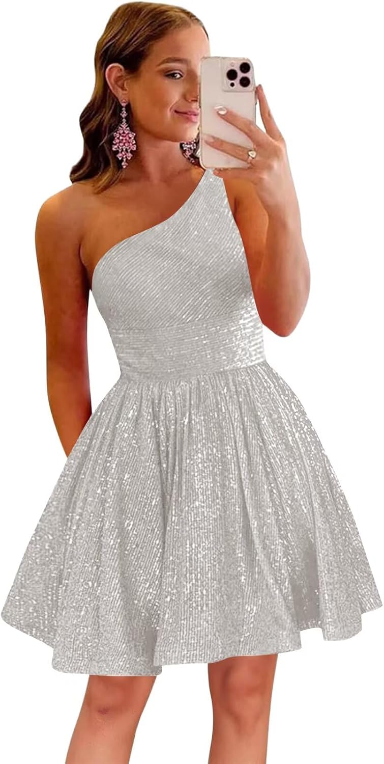 MstinGcc One Shoulder Sequin Sparkly Short Homecoming Dress for Teens 2026 | Glitter HOCO Dresses for Womens A-Line Prom Cocktail Party Dress Backless Sleeveless Corset Mini Gowns