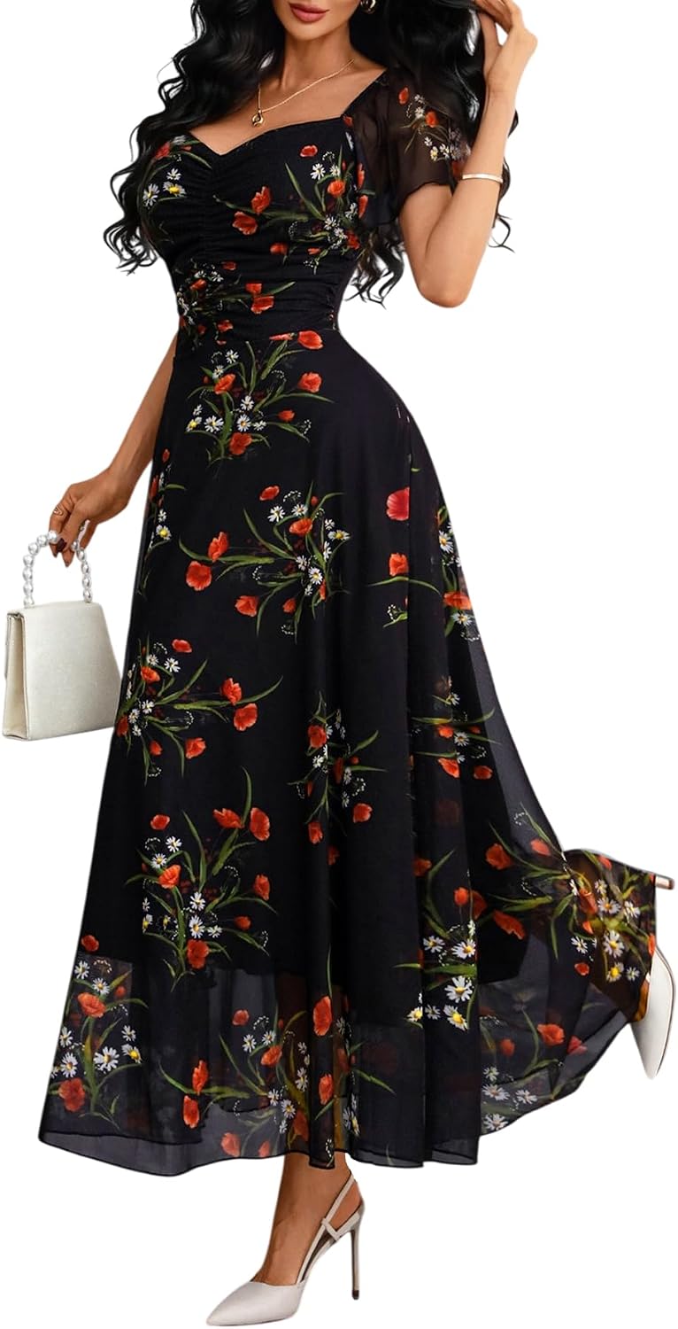 GothDark Women's Floral Mesh A-Line Short Sleeve Party Wedding Guest Dress | Flower Sweetheart Neckline High Waist Double-layered Semi Formal Cocktail Flowy Elegant Maxi Dresses Soft Comfortable