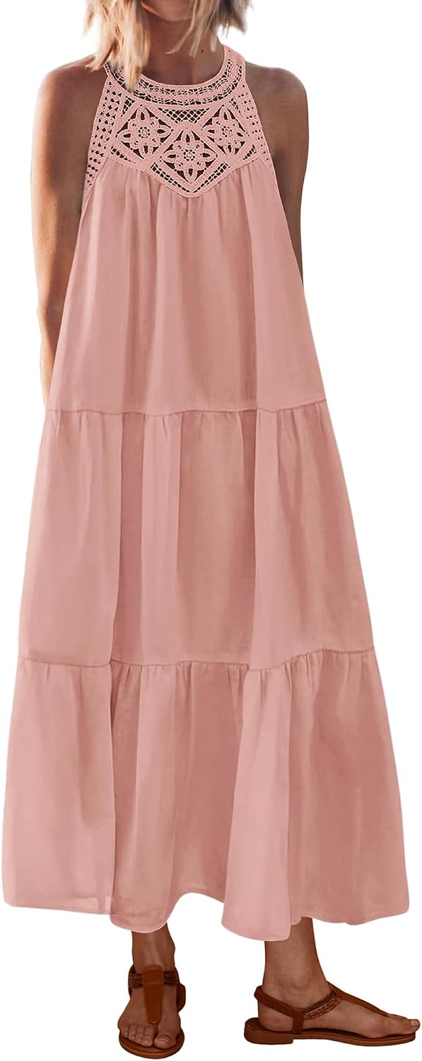 BTFBM Halter Dresses for Women Boho Maxi Sundresses | Hollow Out Sleeveless Tiered Summer Dress With Pocket, Button Keyhole Back, Loose Casual Beach Vacation Clothes, Spring 2026