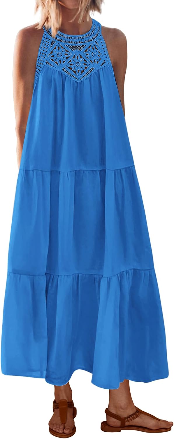 BTFBM Halter Dresses for Women Boho Maxi Sundresses | Hollow Out Sleeveless Tiered Summer Dress With Pocket, Button Keyhole Back, Loose Casual Beach Vacation Clothes, Spring 2026