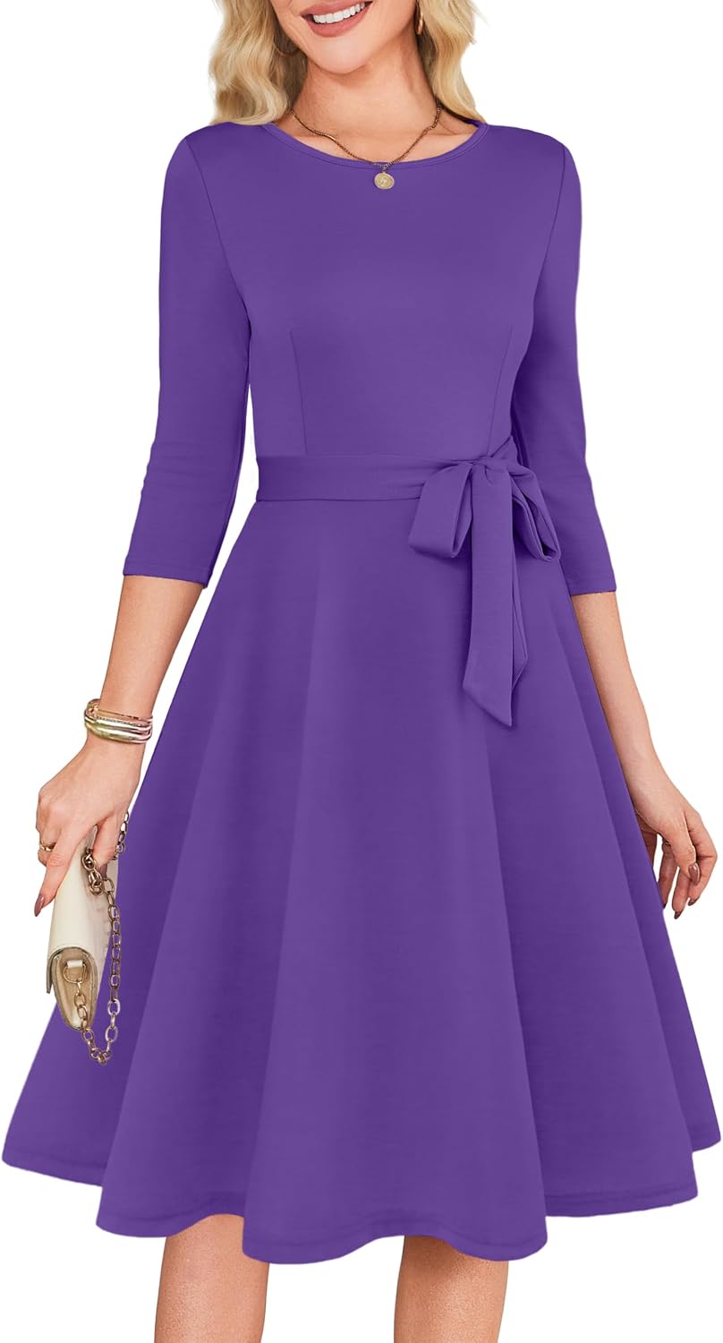 RUMIA Womens Cocktail Dresses 3\/4 Sleeve Dress with Belt (XS-3XL) | Wrinkle-resistant & Tummy-flattering Vintage Fit. Ideal for Wedding Guest, Church, Work, Vacation & Holiday events.