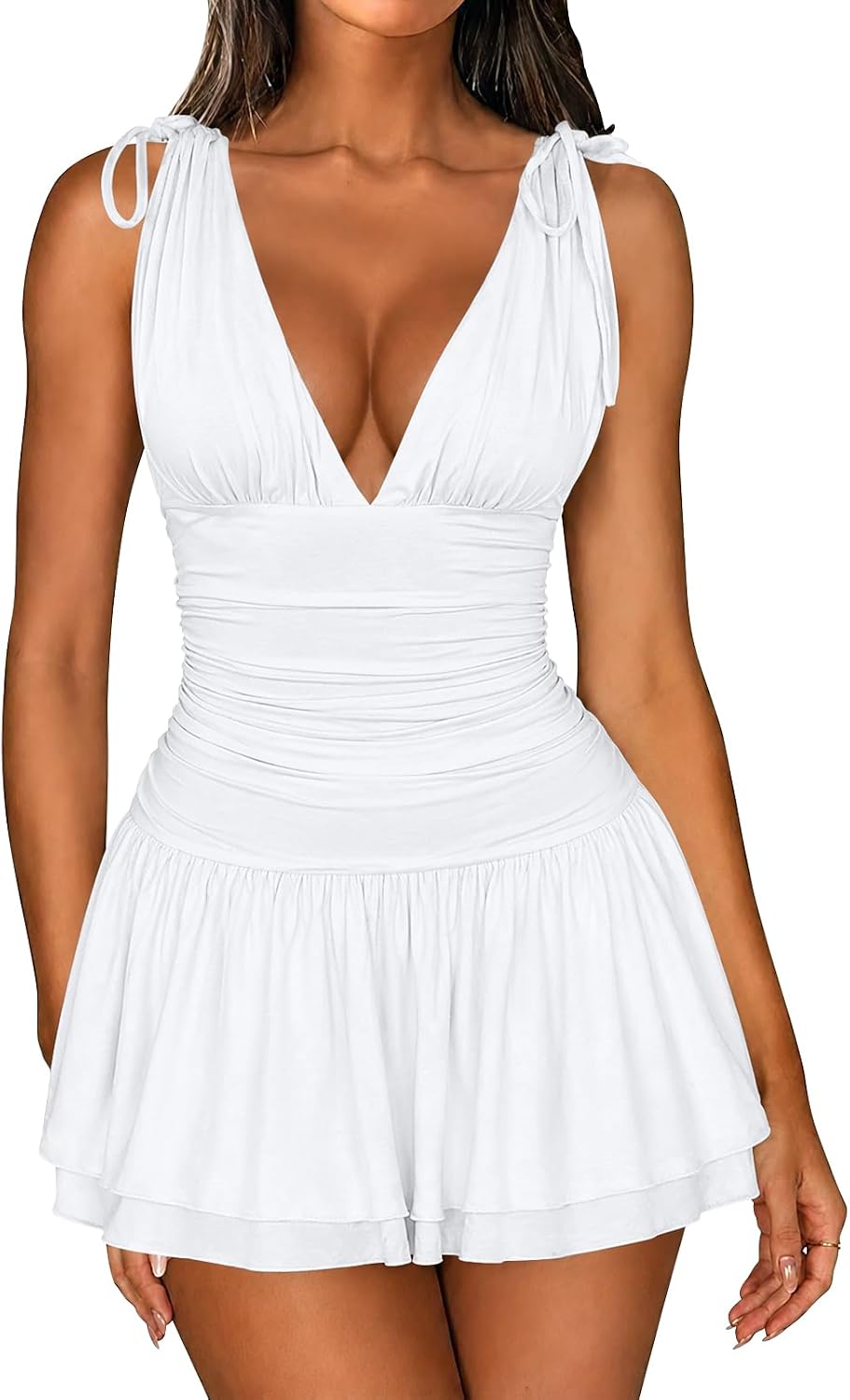 XXTAXN Womens Sexy Sleeveless Tank V Neck Vacation A Line Mini Dress | Sleeveless Adjudtable Shoulder Tie Ruched Waist Cocktail Date Graduation Homecoming Valentines Party Wedding Guest Birthday
