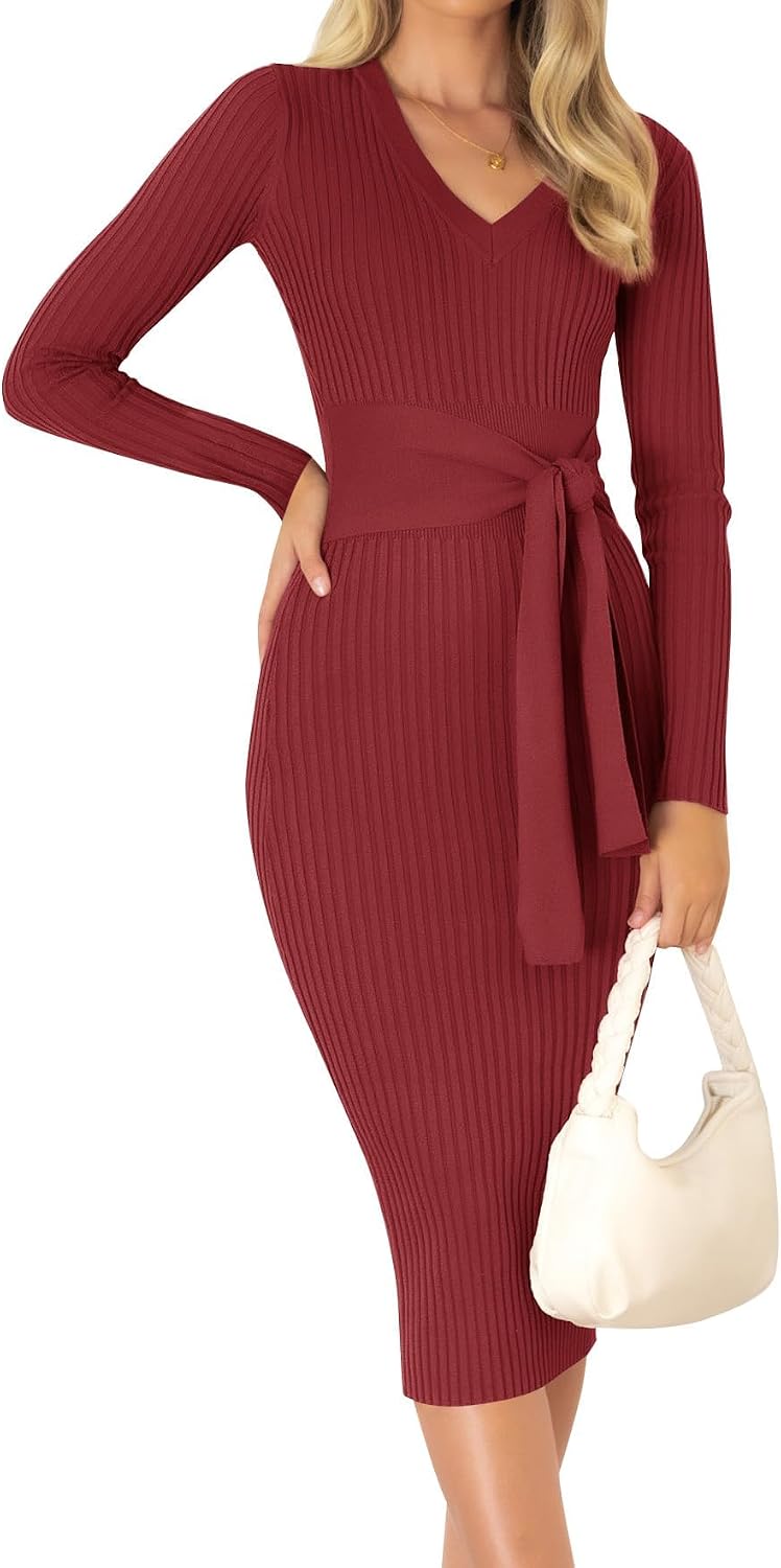 ZESICA Women's 2026 Fall Long Sleeve Bodycon Midi Sweater Dress | Winter Dresses, V Neck, Slimming, Ribbed Knit, Tie Waist, Classy, Holiday, Maternity, Elegant Wedding Guest Formal Dress