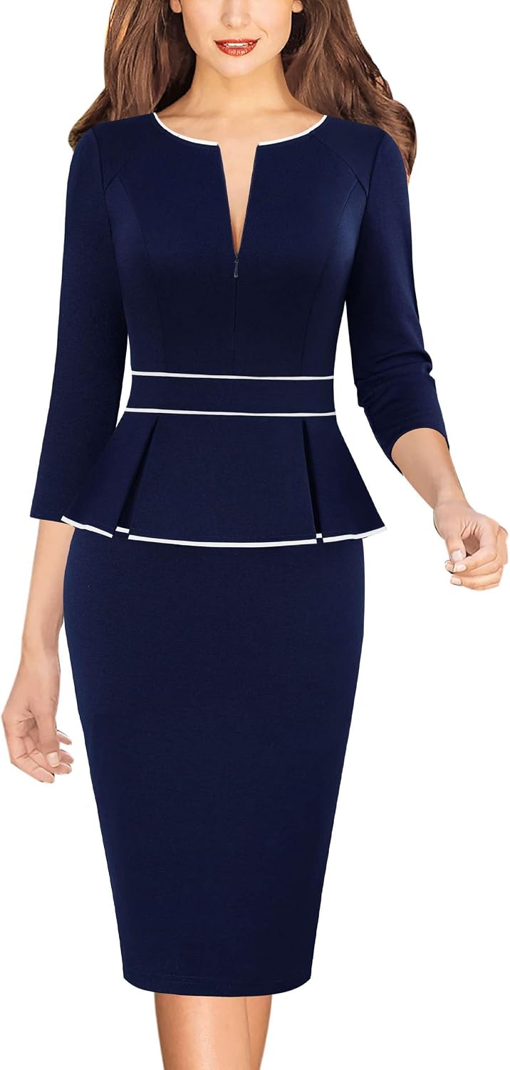 VFSHOW Womens Work Business Office Front Zipper Peplum Church Sheath Dress | 3\/4 Sleeves, Elegant, Spring Fall, Church, Funeral, Slimming Fitted Bodycon Dresses