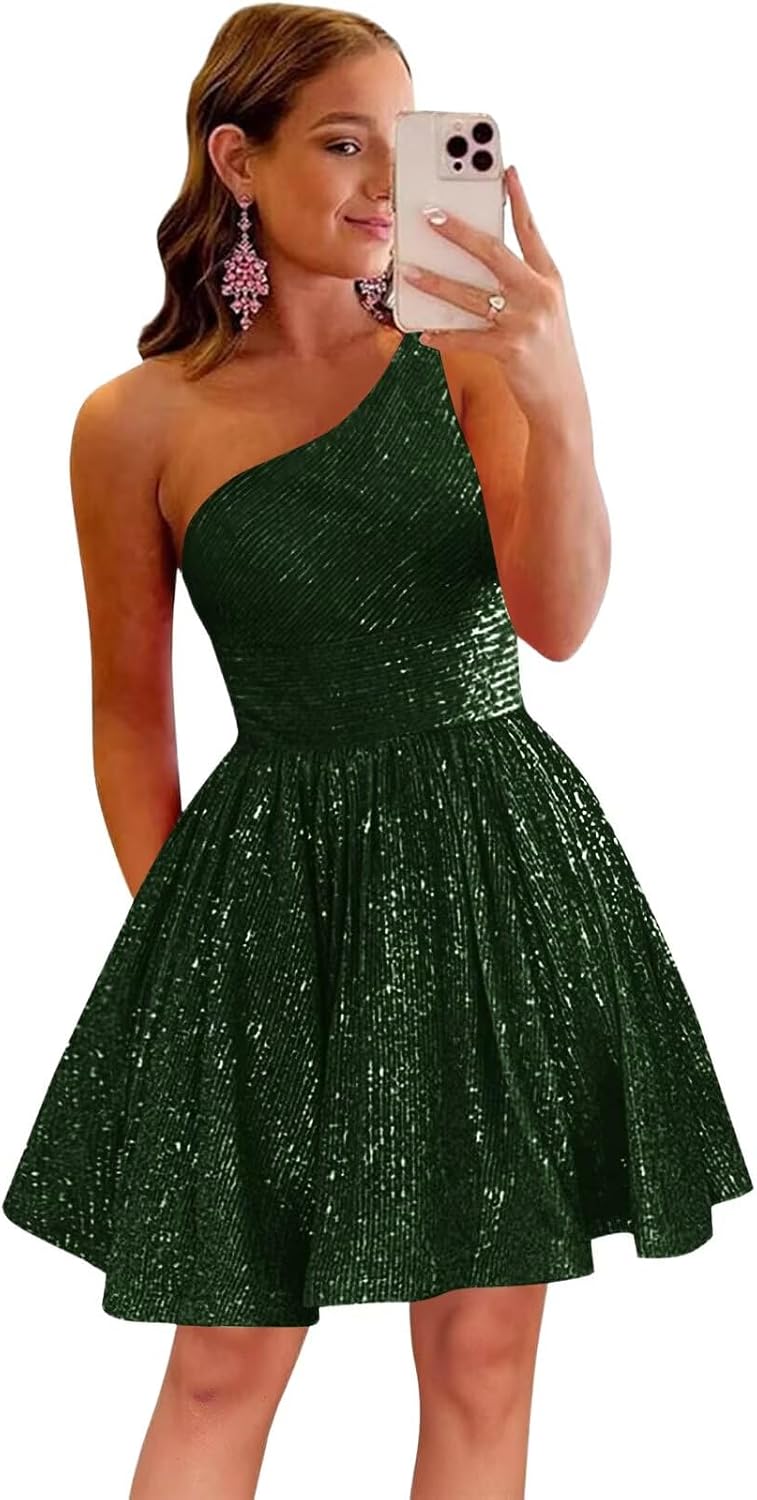 MstinGcc One Shoulder Sequin Sparkly Short Homecoming Dress for Teens 2026 | Glitter HOCO Dresses for Womens A-Line Prom Cocktail Party Dress Backless Sleeveless Corset Mini Gowns
