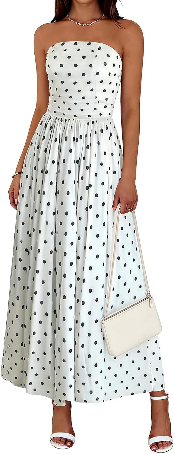 Wenrine Womens Strapless Maxi Dress Summer Polka Dot Long Tube Dresses | Polkadot, Tube Top, Sleeveless, A Line, Flowy, Fit and Flare, Beach, Vacation