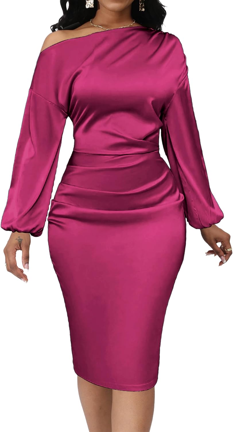 Yiershu Women's Fall Off Shoulder Bodycon Dress Elegant Long Sleeve | Formal Cocktail Party Midi Maxi Dresses for Women Weekend Holiday Club Wedding