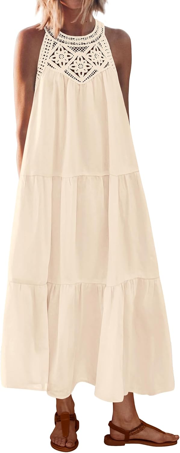 BTFBM Halter Dresses for Women Boho Maxi Sundresses | Hollow Out Sleeveless Tiered Summer Dress With Pocket, Button Keyhole Back, Loose Casual Beach Vacation Clothes, Spring 2026
