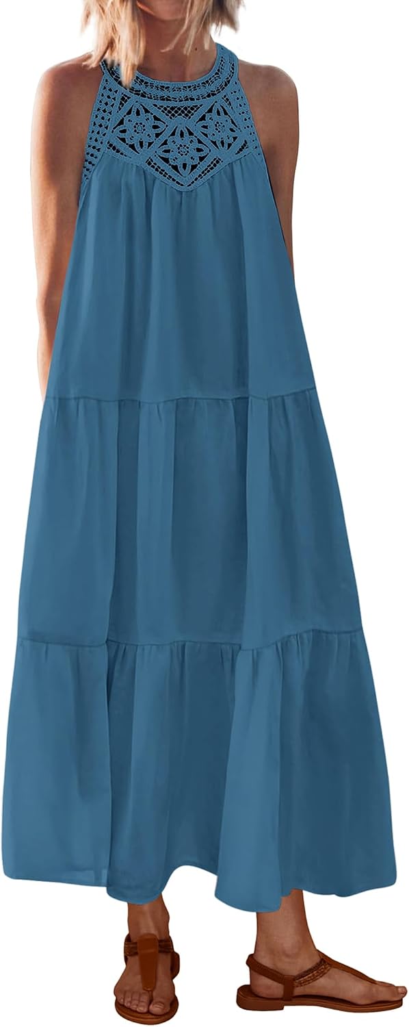 BTFBM Halter Dresses for Women Boho Maxi Sundresses | Hollow Out Sleeveless Tiered Summer Dress With Pocket, Button Keyhole Back, Loose Casual Beach Vacation Clothes, Spring 2026