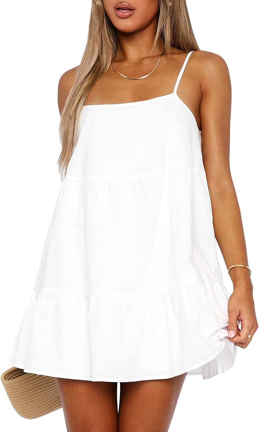 OZICERD Flowy Short Sundress Mini Babydoll Dresses for Women Going Out Tiered Ruffle Beach Spaghetti Strap Swing Dress Cute