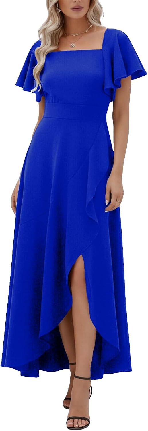 LightlyKiss Women's Square Neck Backless Midi Dress High Slit Wedding Guest Dress Formal Cocktail Party Dress