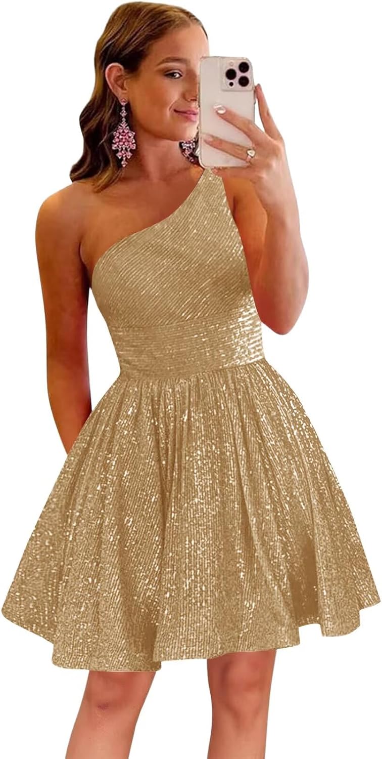 MstinGcc One Shoulder Sequin Sparkly Short Homecoming Dress for Teens 2026 | Glitter HOCO Dresses for Womens A-Line Prom Cocktail Party Dress Backless Sleeveless Corset Mini Gowns