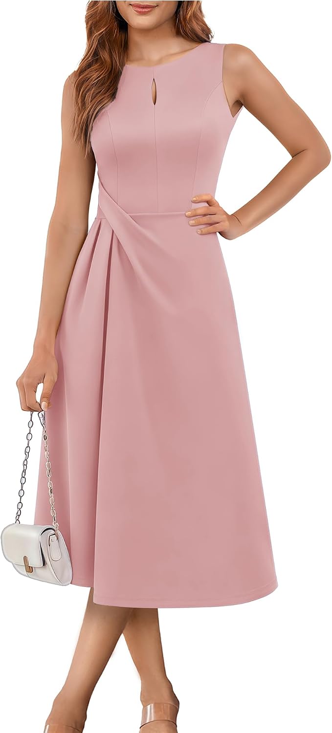 Aupuls Midi Wedding Guest Dresses for Women Formal Sleeveless Dress | Back V-neck, chest cut-out, ruched waist with A-line skirt that accentuates your waistline\u2014perfect for all formal occasions