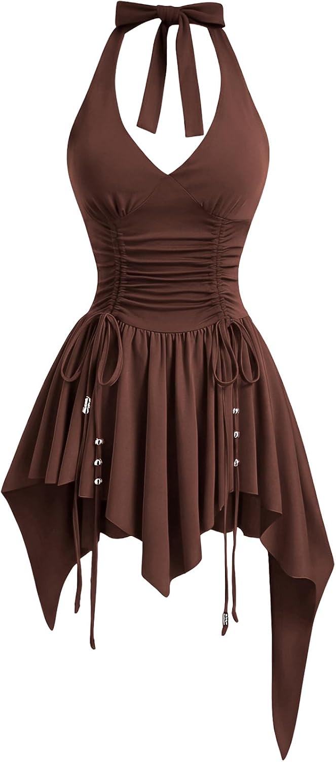 WDIRARA Women's Western Goth Halter Mini Dress Punk Ruched A Line Dresses | Cowgirl Country Concert Rodeo Dress,Asymmetrical,Beaded,Sleeveless, Ruffle,Halloween OutFit