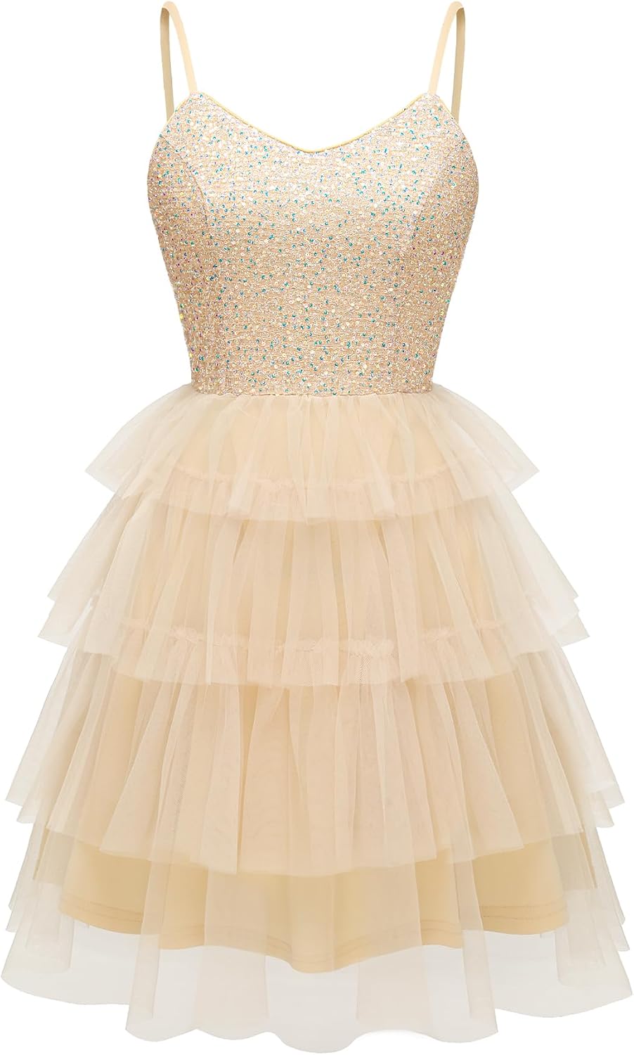 Dressystar 2026 Women's Sequin Prom Mini Homecoming Dresses for Teens | Backless Tiered Tulle, Short A Line Glitter, Sparkly Hoco Cocktail Dress for Women, Adjustable Spaghetti Strap, Formal Party