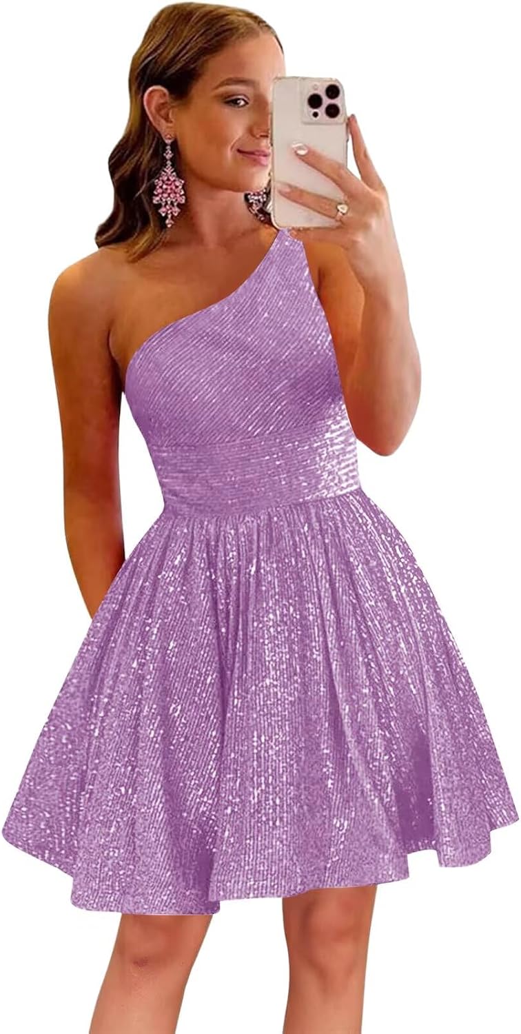 MstinGcc One Shoulder Sequin Sparkly Short Homecoming Dress for Teens 2026 | Glitter HOCO Dresses for Womens A-Line Prom Cocktail Party Dress Backless Sleeveless Corset Mini Gowns