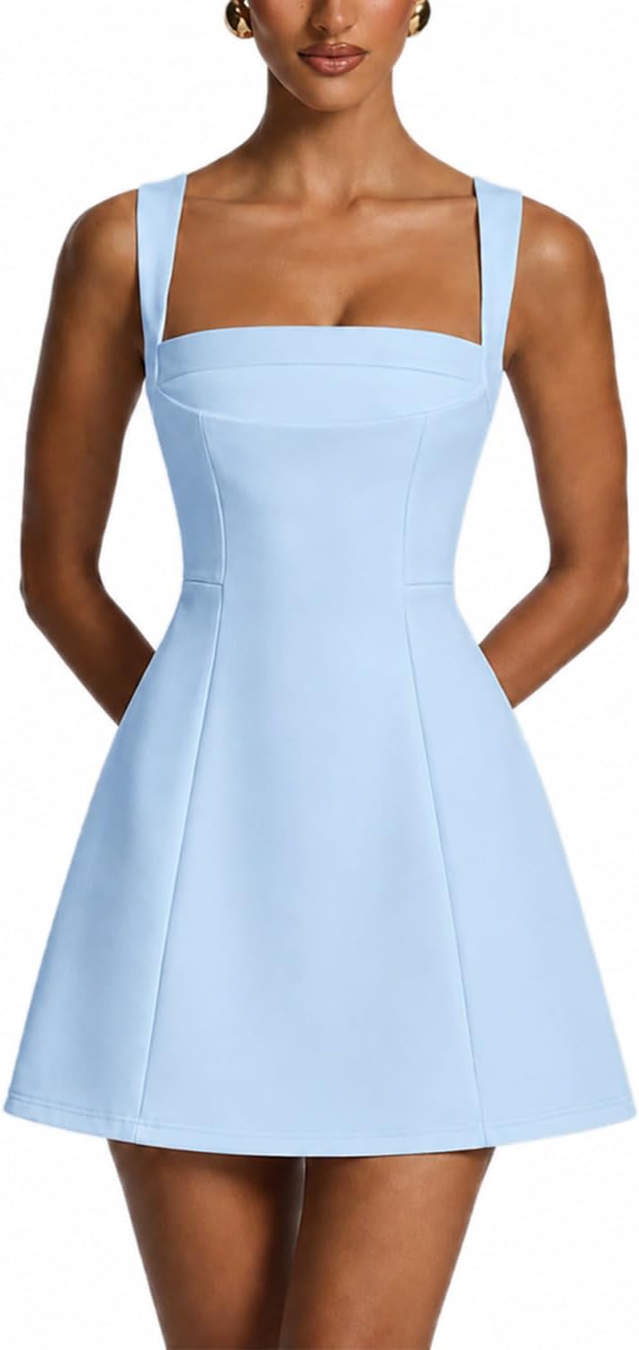 GRMLRPT Women's Square Neck A Line Graduation Mini Formal Dress | Corset Sleeveless Short Bodycon Dresses for Homecoming, Wedding Guest, Cocktail Party