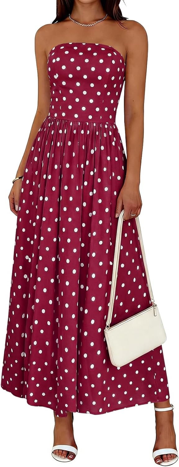 Wenrine Womens Strapless Maxi Dress Summer Polka Dot Long Tube Dresses | Polkadot, Tube Top, Sleeveless, A Line, Flowy, Fit and Flare, Beach, Vacation