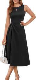 Aupuls Midi Wedding Guest Dresses for Women Formal Sleeveless Dress | Back V-neck, chest cut-out, ruched waist with A-line skirt that accentuates your waistline\u2014perfect for all formal occasions